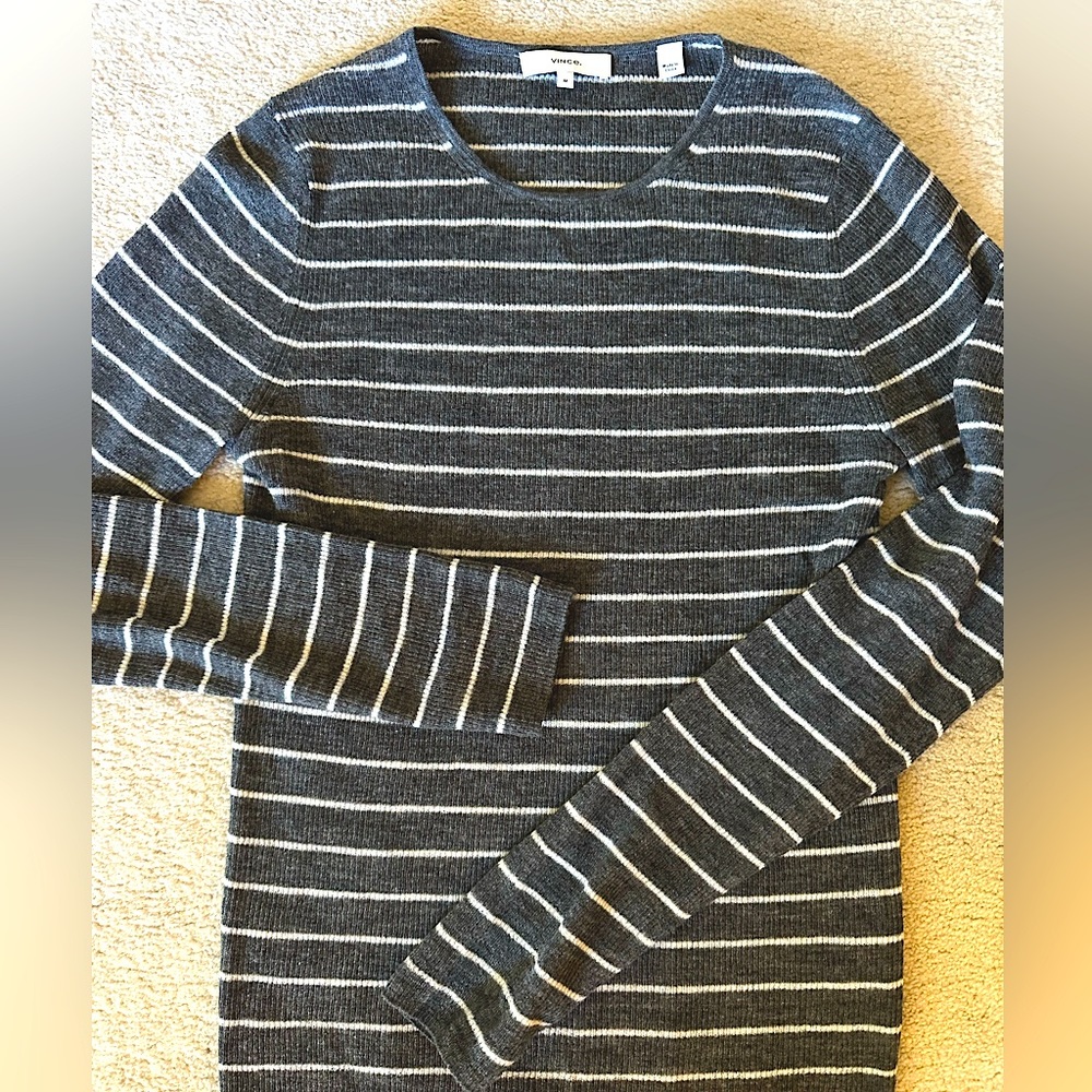 Vince Gray and White Striped Crew Neck Sweater